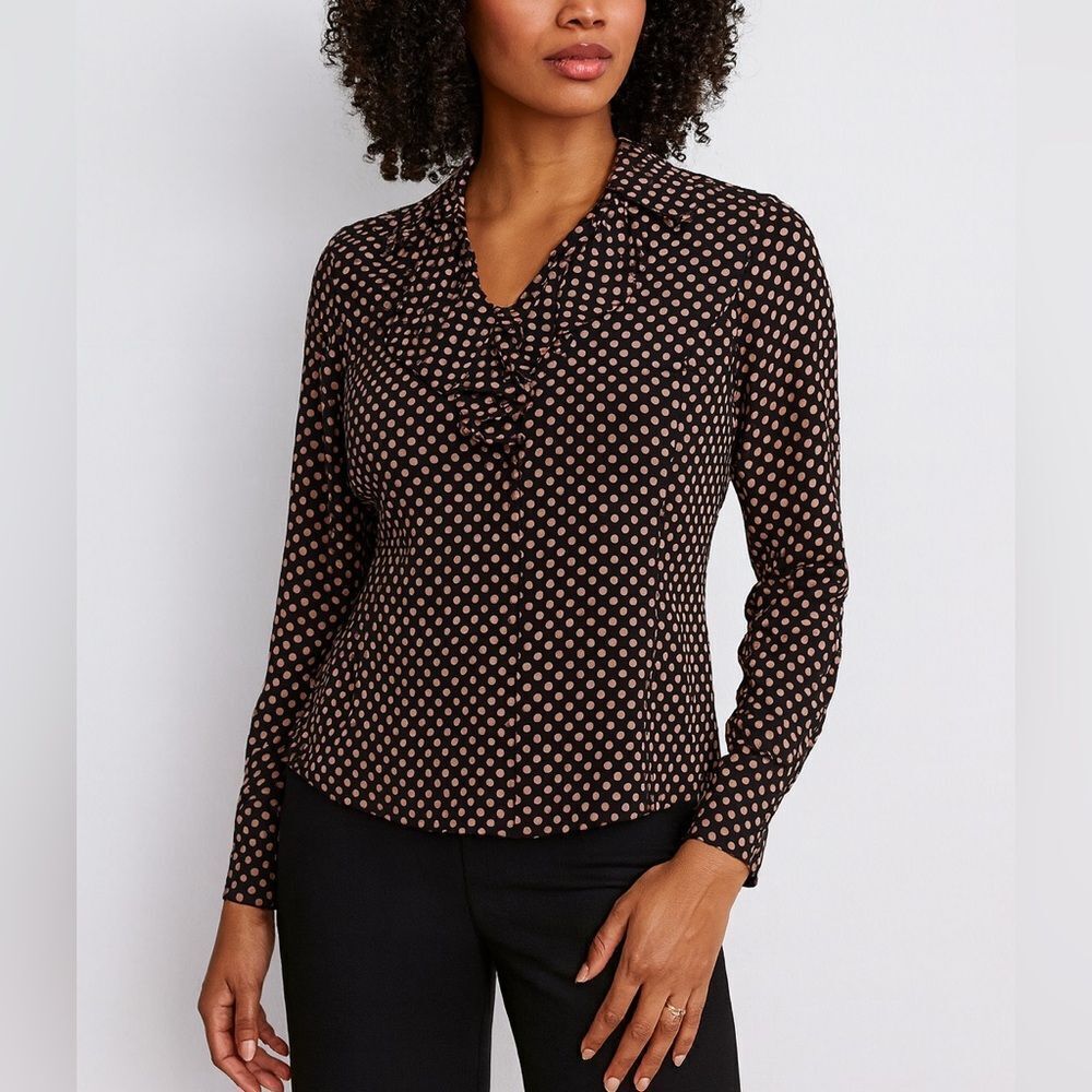 The Limited Silk Vintage Polka Dot Blouse Brown Beige Ruffle Long Sleeve Size M